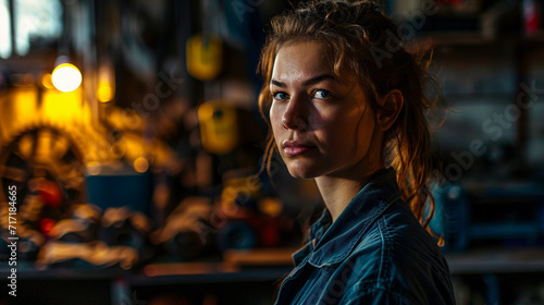 Professional half-body portrait of female mechanic in garage, AI Generated