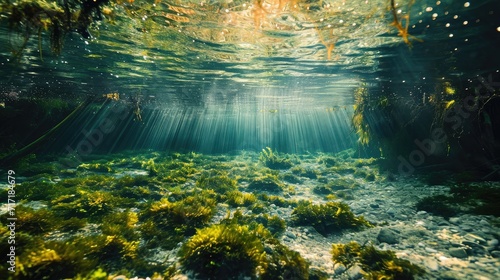 Spring water. Underwater freshwater. Mysterious freshwater river.