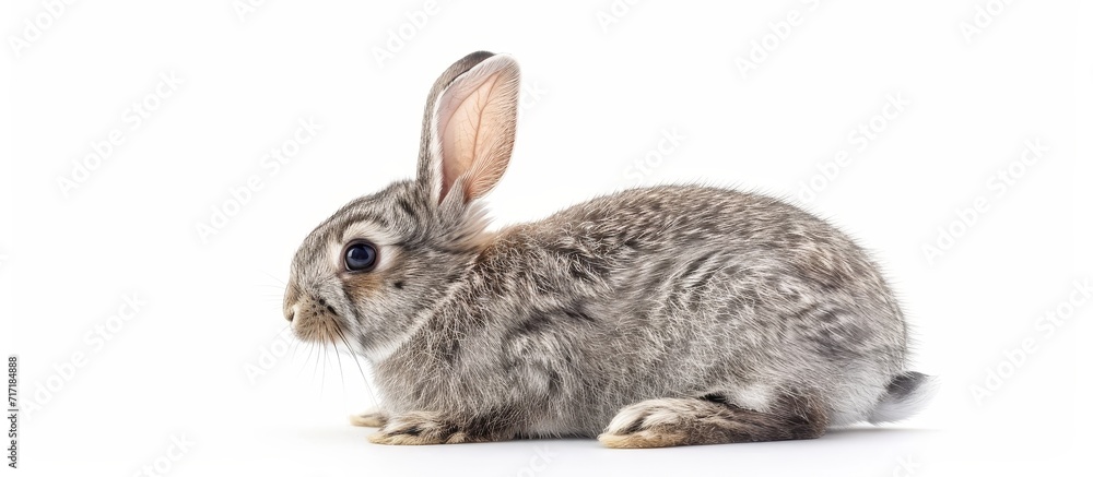 Fototapeta premium Cute gray bunny with long ears sits on the floor, isolated on a white background.