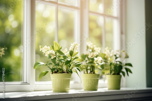 Green potted plants on a windowsill in a bright room with white walls and windows © Amer
