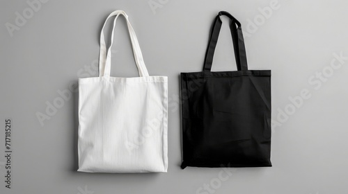 White and black tote bags on a grey background.