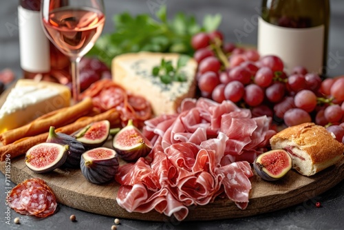 Cold cuts: smoked meat, fruit, cheese and wine on the festival table