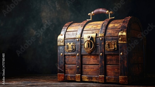 Wooden treasure chest on dark background photo