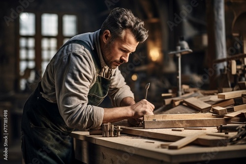Handsome carpenter in uniform gluing wooden bars with hand pressures at the carpentry manufacturing