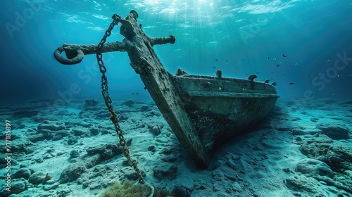 Anchor of old ship underwater on the bottom of the ocean photo