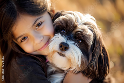 A young girl finds solace and joy as she tenderly cuddles with her Havanese dog, creating a beautiful companionship and an unbreakable bond of affection and love