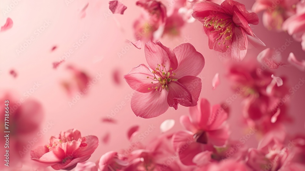 Fresh quince blossom, beautiful pink flowers falling in the air isolated on pink background. Zero gravity or levitation, spring flowers conception