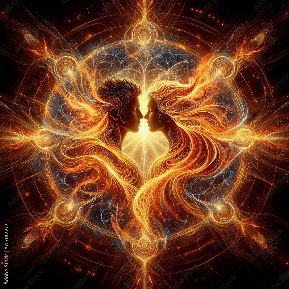 Twin flame couple. Soulmates. The concept of magical, esoteric, tantric, spiritual love. Connection between souls. Illustration for websites and much more. Created using generative ai tools. Twin flame couple. Soulmates. The concept of magical, esoteric, tantric, spiritual love. Connection between souls. Illustration for websites and much more. Created using generative ai tools.