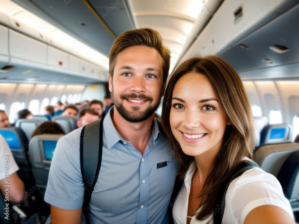 A young man and woman are standing in the aisle of an airplane. A young man and woman are standing in the aisle of an airplane.