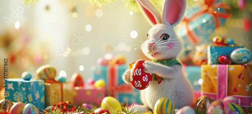 Joyful Easter Bunny with Painted Eggs