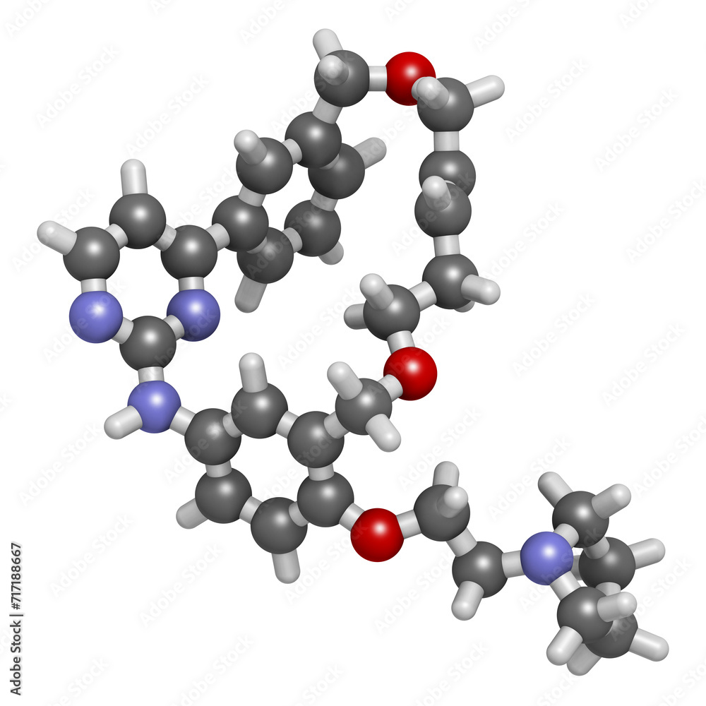 Pacritinib cancer drug molecule. 3D rendering. Pacritinib cancer drug molecule. 3D rendering.