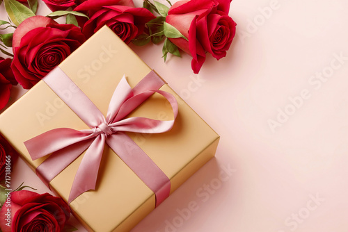 Gold gift box with a pink ribbon sits on a pink surface  surrounded by red roses. Valentine s Day