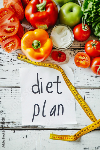 Healthy food and Diet planning. Weight loss concept. Notebook with phrase Diet Plan