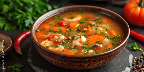 Zupa Rybna Elegance - Culinary Harmony of Fish Soup. Immerse in A Flavorful Tapestry of Seafood and Herbs. Picture the Zupa Rybna Elegance in a Cozy Eastern European Kitchen with Soft Lighting photo