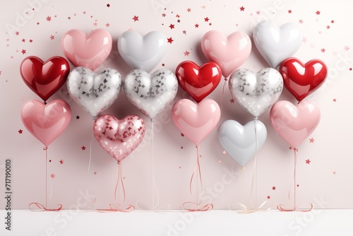 Festive sweet red, pink, silver white balloons background banner holiday theme