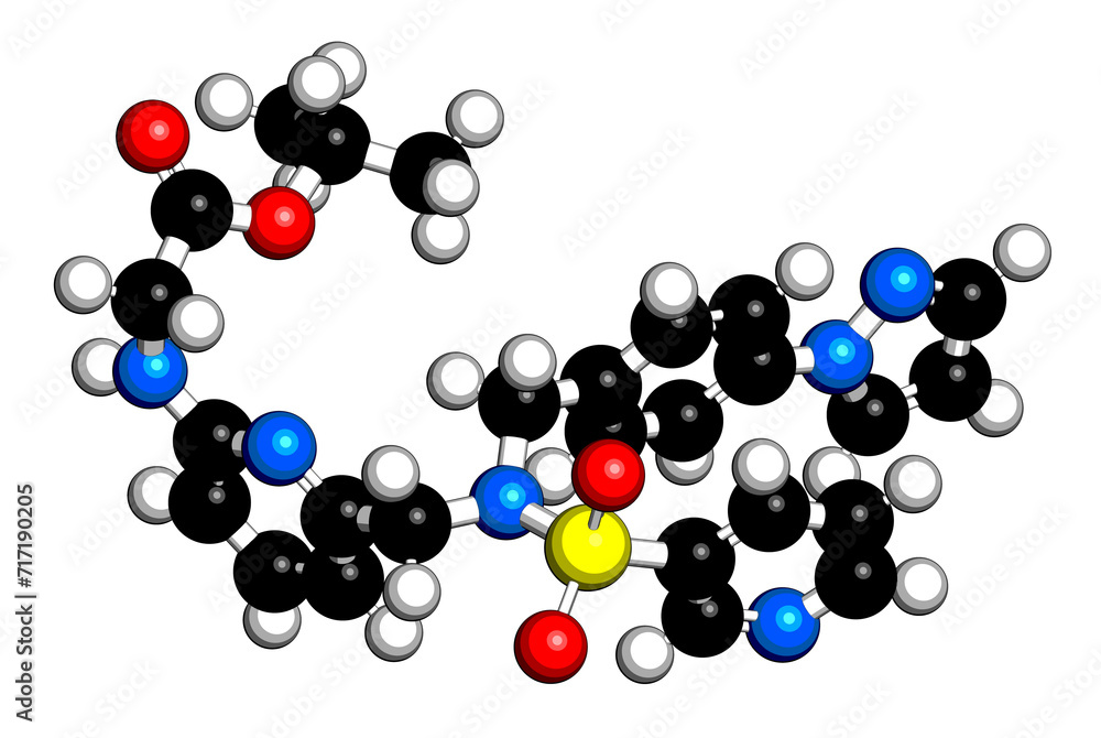 Omidenepag eye drug molecule. 3D rendering. Omidenepag eye drug molecule. 3D rendering.
