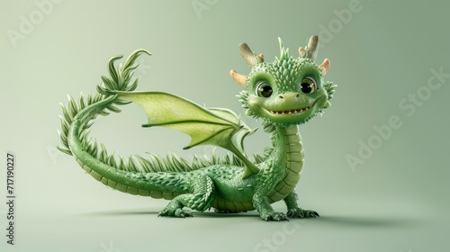A delightful green dragon whelp stands smiling with wings spread wide  showcasing a whimsical and friendly fantasy design on a matching green background