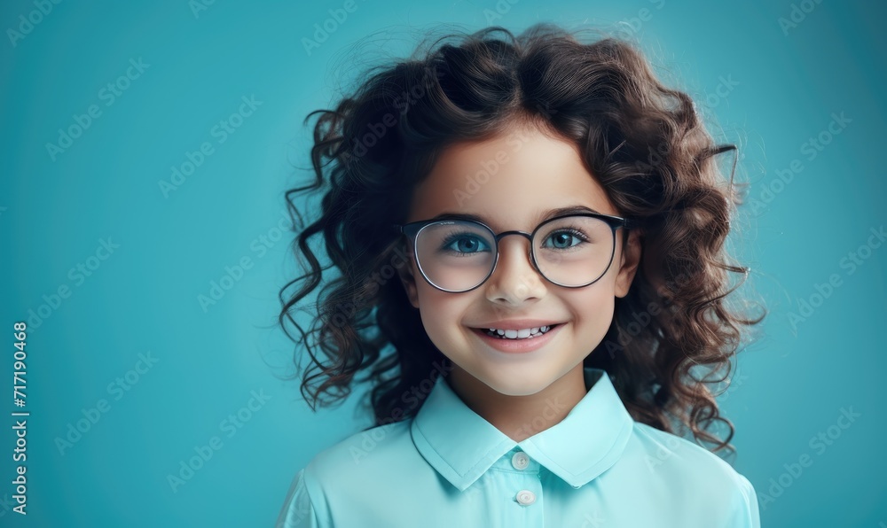 Portrait of a beautiful young girl with curly hair and glasses on a blue background Generative artificial intelligence