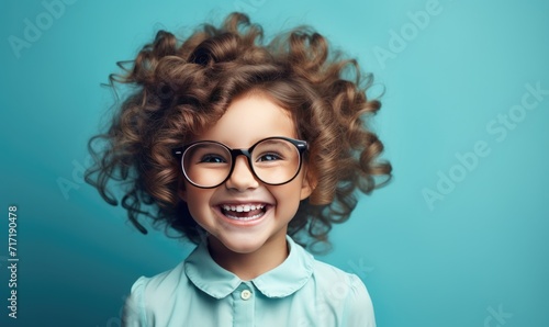 Portrait of a beautiful young girl with curly hair and glasses on a blue background Generative artificial intelligence