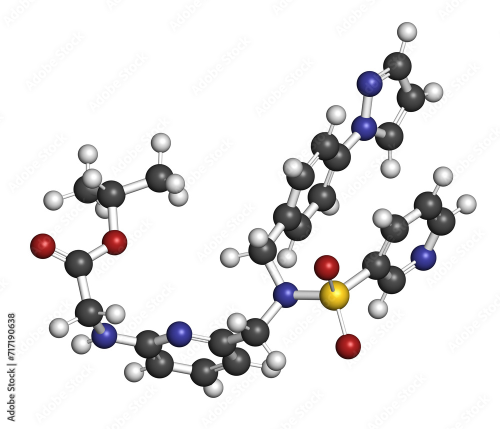 Omidenepag eye drug molecule. 3D rendering. Omidenepag eye drug molecule. 3D rendering.
