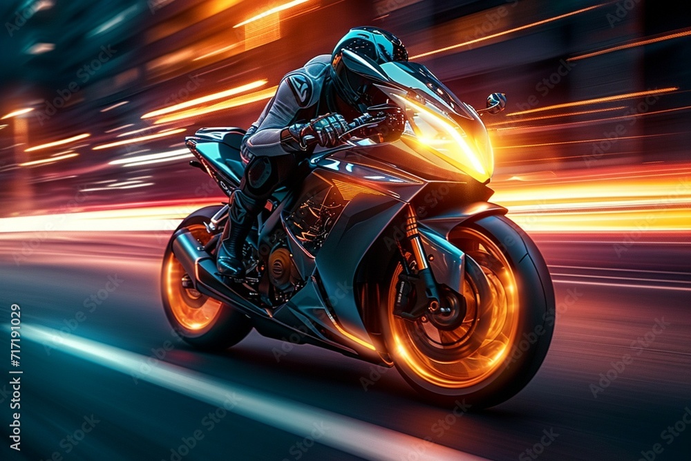 Urban speed Motorcycle on the road with dynamic light trails