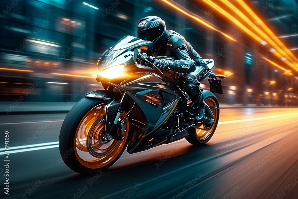 Urban speed Motorcycle on the road with dynamic light trails Urban speed Motorcycle on the road with dynamic light trails