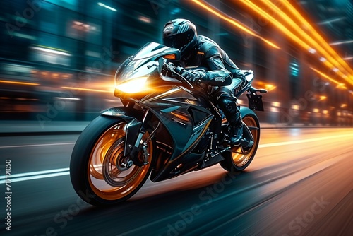 Urban speed Motorcycle on the road with dynamic light trails