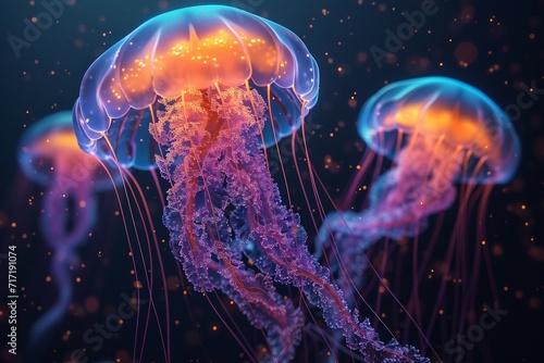 Ethereal jellyfish illuminate the dark ocean with an enchanting glow © Jawed Gfx