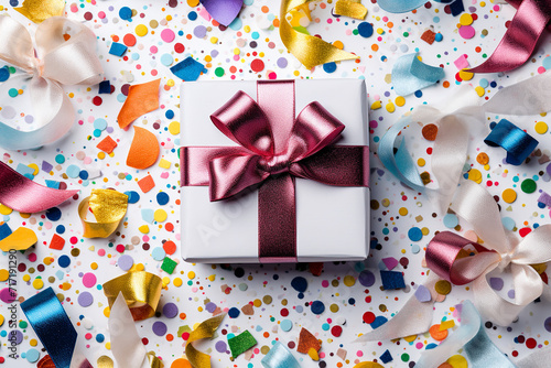 White gift box with a maroon ribbon amidst confetti and streamers.