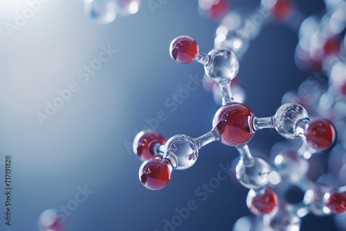 The image depicts a detailed molecular model, highlighting the interconnected structure of atoms within a molecule, represented by spheres connected by rods, which illustrate chemical bonds. 