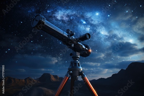 Telescope against the background of the night sky with stars. Astronomy and stars observing concept. Amateur astronomy and space exploration. watching stars and planets.