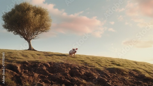 A pig on the hill next to a tree beautiful image Ai generated art