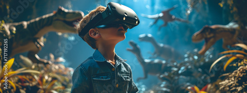 a boy looks into virtual reality glasses against the background of dinosaurs. photo