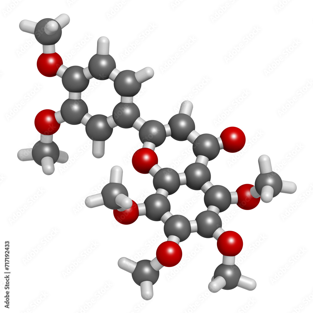 Nobiletin flavonoid molecule. 3D rendering. Nobiletin flavonoid molecule. 3D rendering.