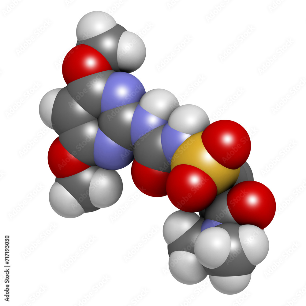 Nicosulfuron systemic herbicide molecule. 3D rendering. Nicosulfuron systemic herbicide molecule. 3D rendering.