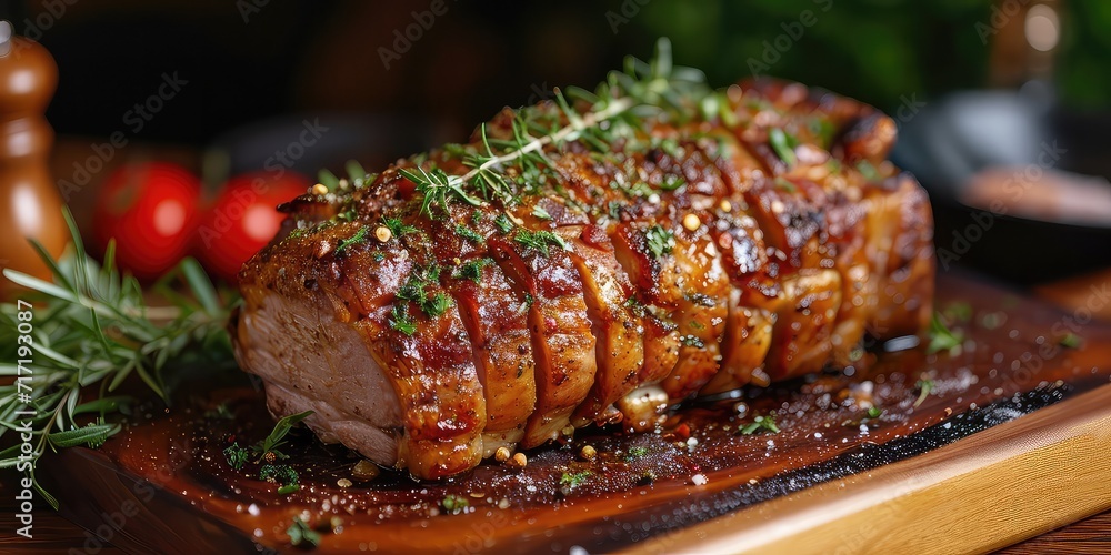 Roman Roast Pork Excellence. Herb-Infused, Crackling Skin Perfection. Immerse in the Culinary Elegance in a Charming Roman Trattoria with Soft Lighting