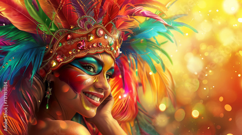 Party Background. Smiling woman in vibrant Brazilian carnival mask with peacock feathers and glitter makeup