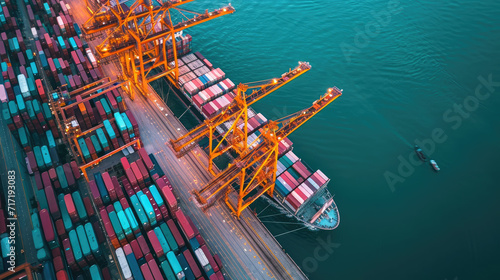 An aerial view shows the complex structure of a seaport with neatly stacked colorful containers, massive cranes and a loading cargo ship 