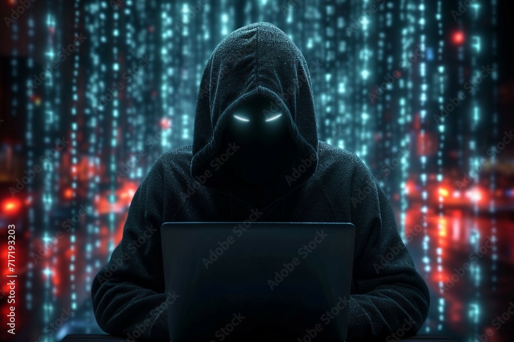 Digital threat Hacker with laptop, binary code, and criminal activity Digital threat Hacker with laptop, binary code, and criminal activity