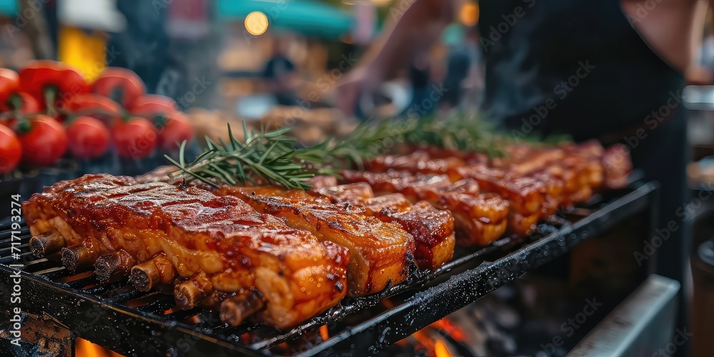 Danish Crispy Pork Belly Extravaganza. A Nordic Culinary Symphony of Crunch and Juiciness. Immerse in the Danish Culinary Delight in a Copenhagen Street Market with Soft Lighting