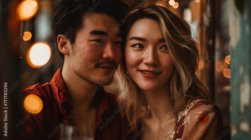 Portrait of a happy and beautiful Asian couple dating, holding and embracing each others presences. Red clothes, lantern and festive background. Love and Chinese/Lunar New Year themed. Generative AI