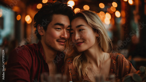 Portrait of a happy and beautiful Asian couple holding and embracing each others presences. Red clothes, lantern and festive background. Love and Chinese/Lunar New Year themed. Generative AI