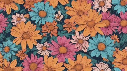 Wallpaper Mural Trendy floral seamless pattern illustration. Vintage 70s style hippie flower background design. Colorful pastel color groovy artwork, y2k nature backdrop with daisy flowers.Ai generative Torontodigital.ca