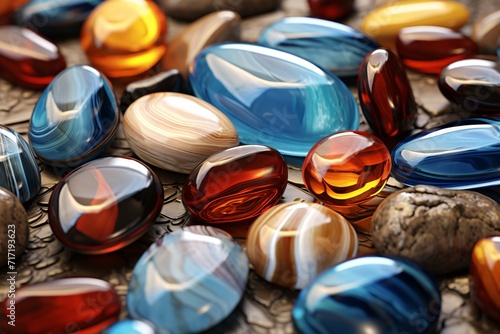 beautiful glass stones gems, Multicolor stones Pebble background, Polish sea glass and stones wallpaper, shiny glass with multi-colored sea pebbles, AI Generative