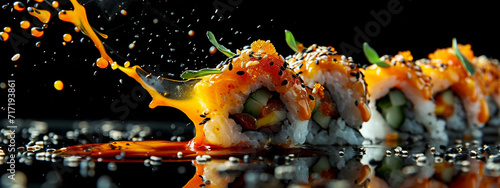 Fresh salmon sushi roll falling on a side dish with soy sauce on a dark background. photo