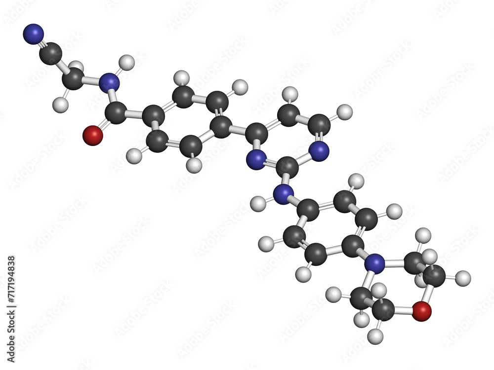 Momelotinib drug molecule. 3D rendering. Momelotinib drug molecule. 3D rendering.