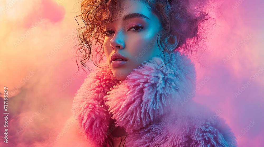 High fashion female model in colourful bright neon lights posing in studio. Close up portrait of a beautiful girl in UV. High fashion female model in colourful bright neon lights posing in studio. Close up portrait of a beautiful girl in UV.