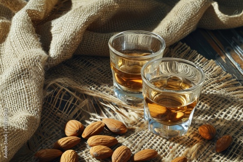 Close-up of two hyper-realistic glasses filled with a refreshing liquid choice and almonds. Rustic wooden tabletop adds texture to this high-definition, clear image photo