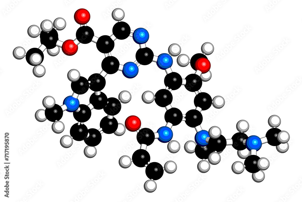 Mobocertinib cancer drug molecule. 3D rendering. Mobocertinib cancer drug molecule. 3D rendering.