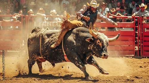 A daring rodeo bull rider holding on tight as a massive bull bucks and twists in the arena, showcasing the raw power and excitement of bull riding in rodeo. photo